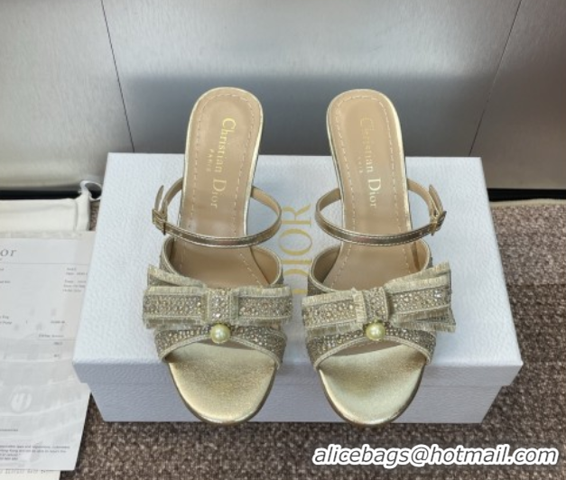 Good Quality Dior Adiorable Heeled Strap Slides Sandal 7cm in Embroidered Cotton and Lambskin with Strass, Pearls and Bo