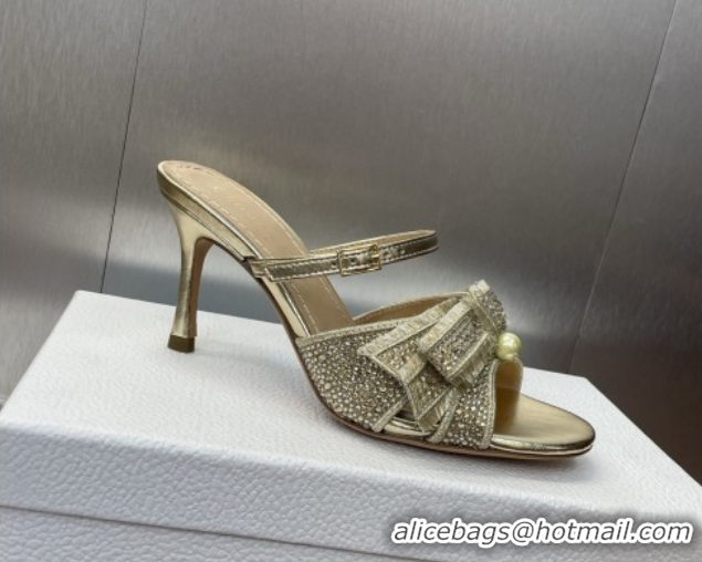Good Quality Dior Adiorable Heeled Strap Slides Sandal 7cm in Embroidered Cotton and Lambskin with Strass, Pearls and Bo