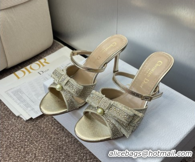 Good Quality Dior Adiorable Heeled Strap Slides Sandal 7cm in Embroidered Cotton and Lambskin with Strass, Pearls and Bo