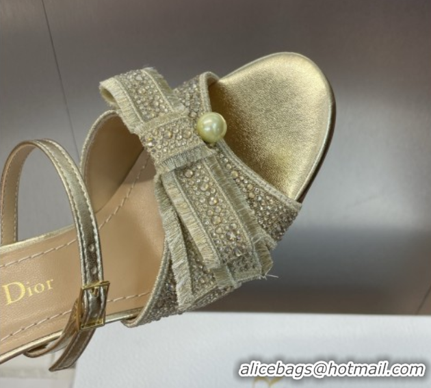 Good Quality Dior Adiorable Heeled Strap Slides Sandal 7cm in Embroidered Cotton and Lambskin with Strass, Pearls and Bo