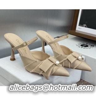 Buy Luxury Dior Adiorable Heeled Strap Mules 7cm in Fringed Grosgrain with Pearls Bow Beige 0822033