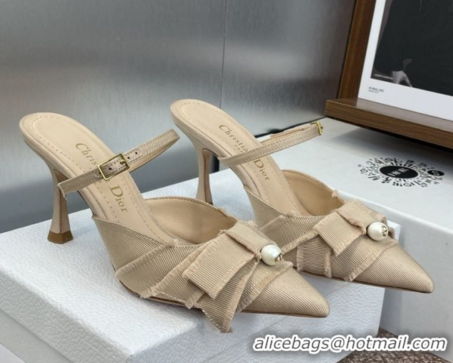 Buy Luxury Dior Adiorable Heeled Strap Mules 7cm in Fringed Grosgrain with Pearls Bow Beige 0822033