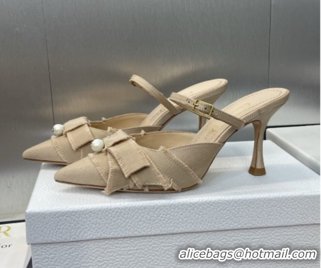 Buy Luxury Dior Adiorable Heeled Strap Mules 7cm in Fringed Grosgrain with Pearls Bow Beige 0822033