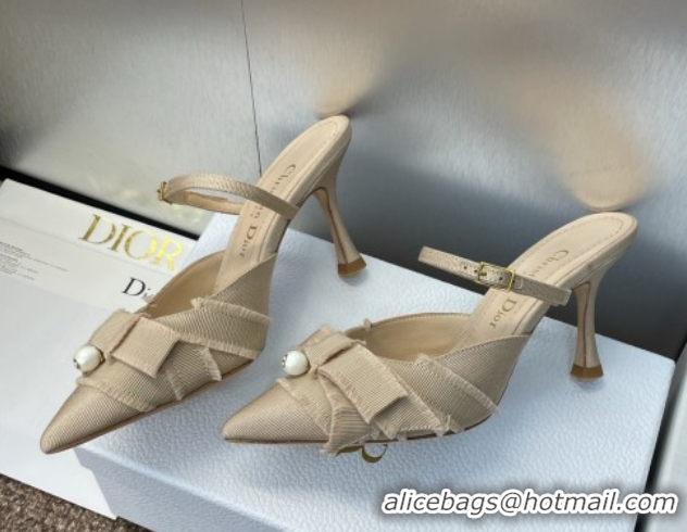 Buy Luxury Dior Adiorable Heeled Strap Mules 7cm in Fringed Grosgrain with Pearls Bow Beige 0822033