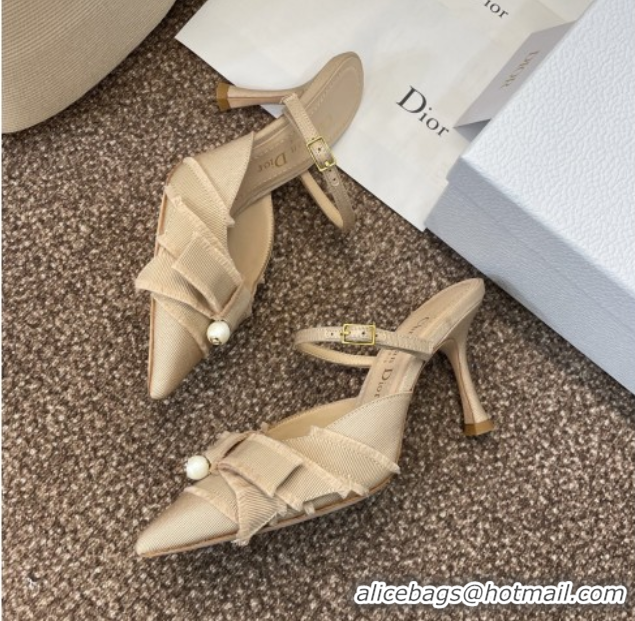 Buy Luxury Dior Adiorable Heeled Strap Mules 7cm in Fringed Grosgrain with Pearls Bow Beige 0822033