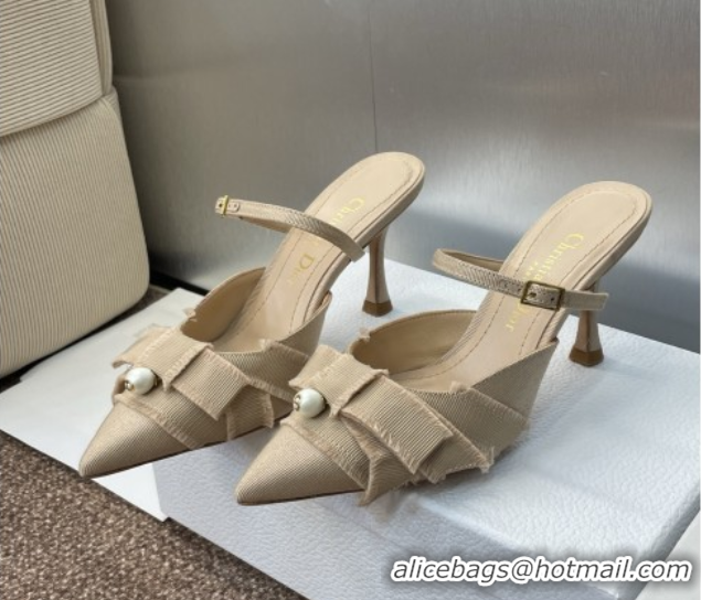 Buy Luxury Dior Adiorable Heeled Strap Mules 7cm in Fringed Grosgrain with Pearls Bow Beige 0822033