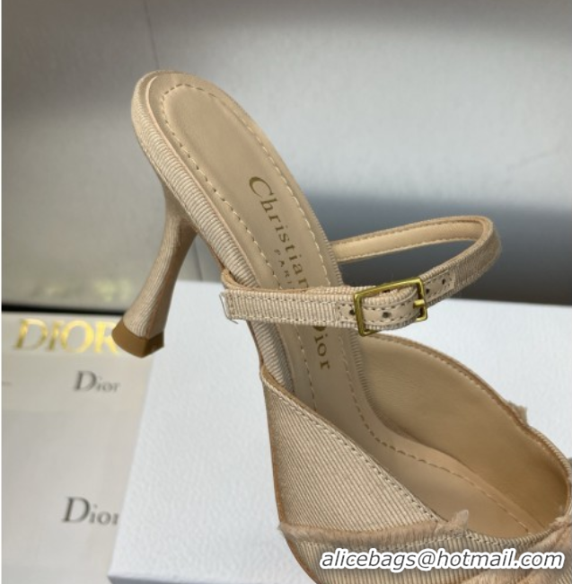 Buy Luxury Dior Adiorable Heeled Strap Mules 7cm in Fringed Grosgrain with Pearls Bow Beige 0822033