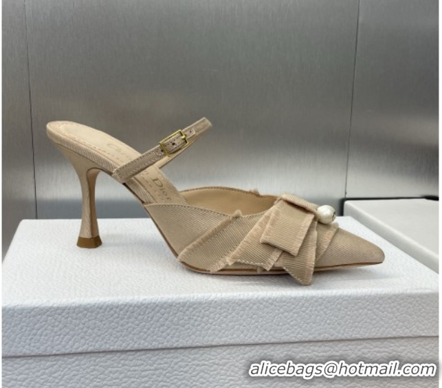 Buy Luxury Dior Adiorable Heeled Strap Mules 7cm in Fringed Grosgrain with Pearls Bow Beige 0822033
