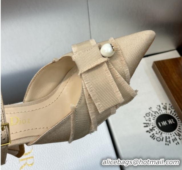 Buy Luxury Dior Adiorable Heeled Strap Mules 7cm in Fringed Grosgrain with Pearls Bow Beige 0822033