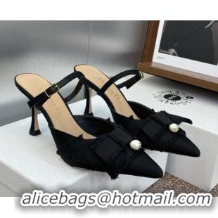 Durable Dior Adiorable Heeled Strap Mules 7cm in Fringed Grosgrain with Pearls Bow Black 0822034