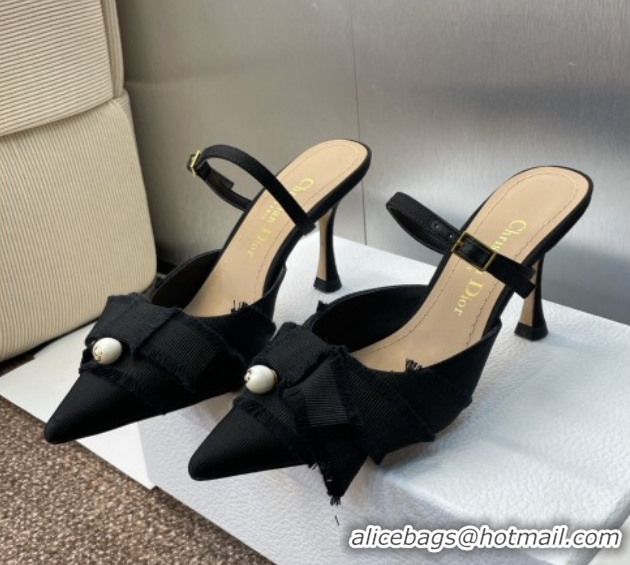 Durable Dior Adiorable Heeled Strap Mules 7cm in Fringed Grosgrain with Pearls Bow Black 0822034