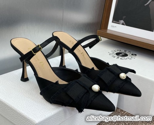 Durable Dior Adiorable Heeled Strap Mules 7cm in Fringed Grosgrain with Pearls Bow Black 0822034
