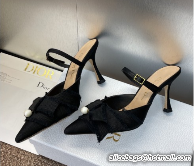 Durable Dior Adiorable Heeled Strap Mules 7cm in Fringed Grosgrain with Pearls Bow Black 0822034