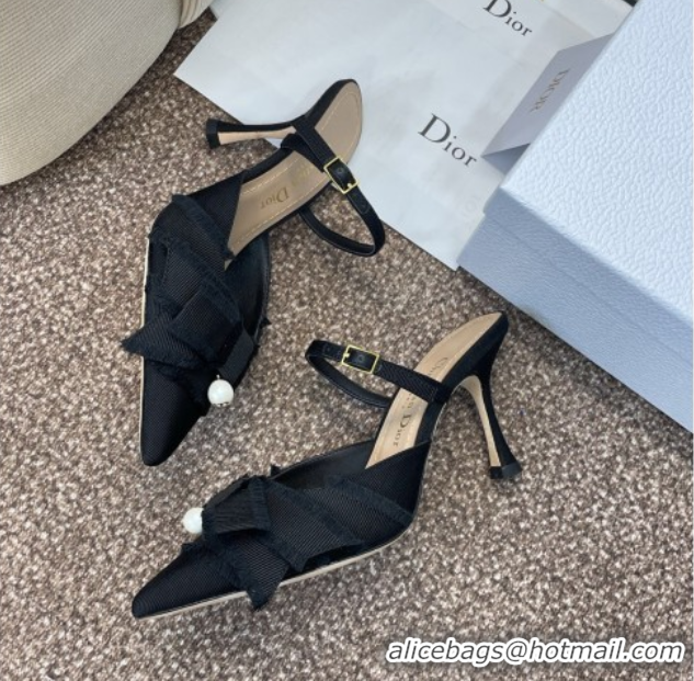 Durable Dior Adiorable Heeled Strap Mules 7cm in Fringed Grosgrain with Pearls Bow Black 0822034