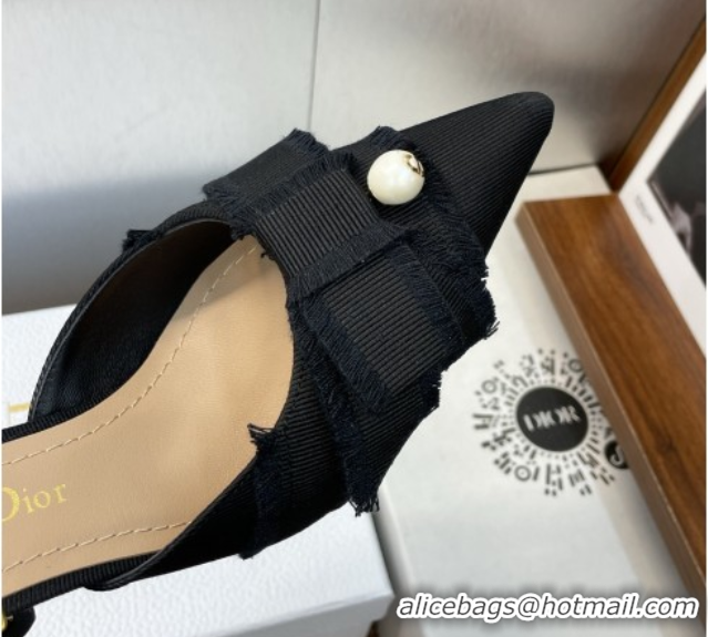 Durable Dior Adiorable Heeled Strap Mules 7cm in Fringed Grosgrain with Pearls Bow Black 0822034