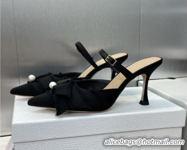 Durable Dior Adiorable Heeled Strap Mules 7cm in Fringed Grosgrain with Pearls Bow Black 0822034