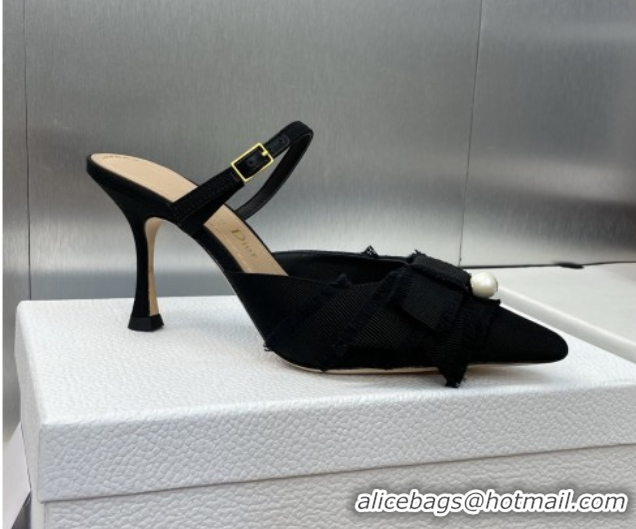 Durable Dior Adiorable Heeled Strap Mules 7cm in Fringed Grosgrain with Pearls Bow Black 0822034