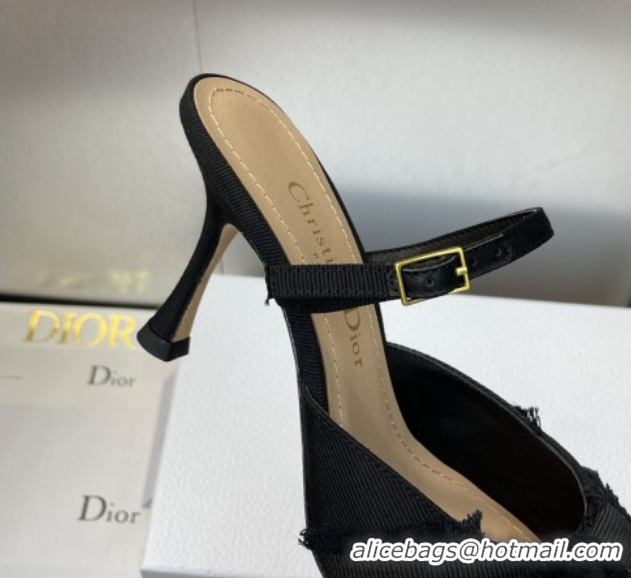 Durable Dior Adiorable Heeled Strap Mules 7cm in Fringed Grosgrain with Pearls Bow Black 0822034