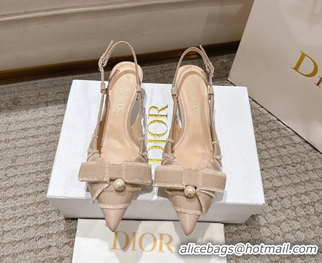 Modern Dior Adiorable Slingback Pumps 4cm in Fringed Grosgrain with Pearls Bow Beige 0822035