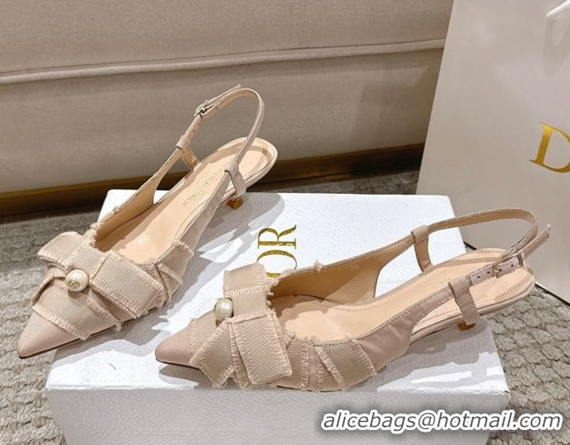 Modern Dior Adiorable Slingback Pumps 4cm in Fringed Grosgrain with Pearls Bow Beige 0822035