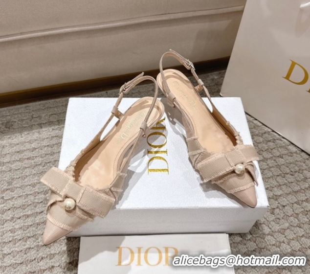 Modern Dior Adiorable Slingback Pumps 4cm in Fringed Grosgrain with Pearls Bow Beige 0822035