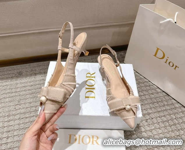 Modern Dior Adiorable Slingback Pumps 4cm in Fringed Grosgrain with Pearls Bow Beige 0822035