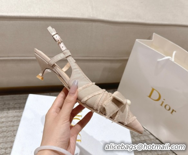 Modern Dior Adiorable Slingback Pumps 4cm in Fringed Grosgrain with Pearls Bow Beige 0822035
