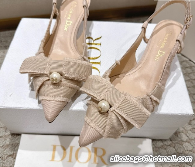 Modern Dior Adiorable Slingback Pumps 4cm in Fringed Grosgrain with Pearls Bow Beige 0822035