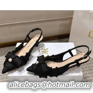 Unique Style Dior Adiorable Slingback Pumps 4cm in Fringed Grosgrain with Pearls Bow Black 0822036