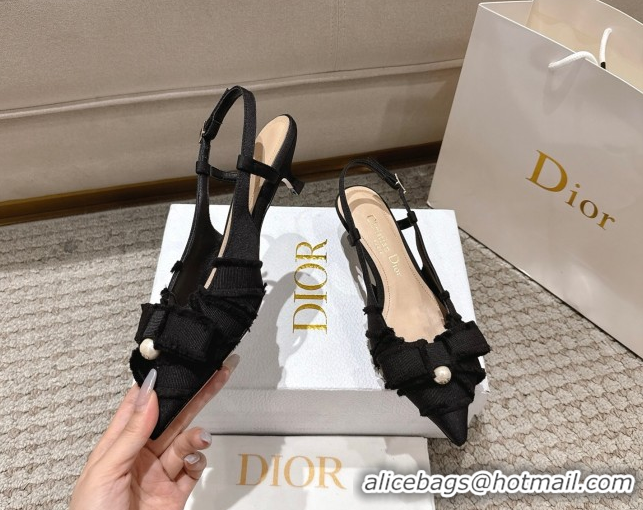Unique Style Dior Adiorable Slingback Pumps 4cm in Fringed Grosgrain with Pearls Bow Black 0822036
