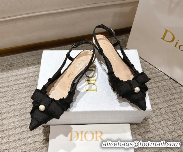 Unique Style Dior Adiorable Slingback Pumps 4cm in Fringed Grosgrain with Pearls Bow Black 0822036