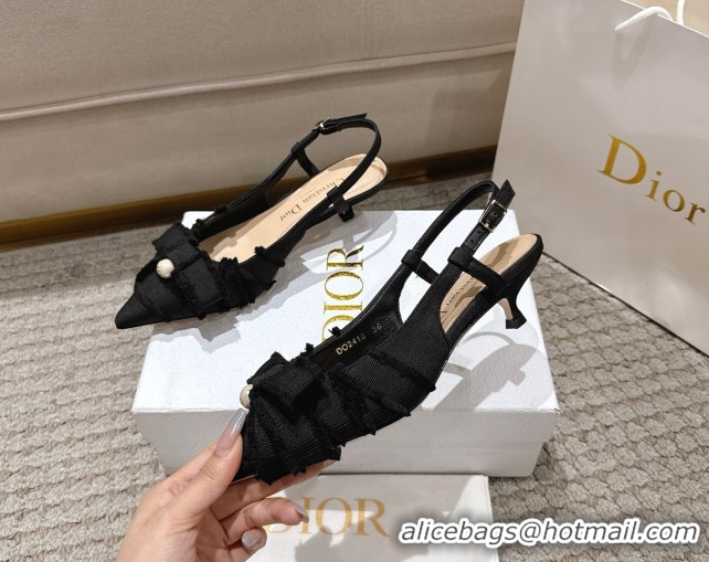 Unique Style Dior Adiorable Slingback Pumps 4cm in Fringed Grosgrain with Pearls Bow Black 0822036