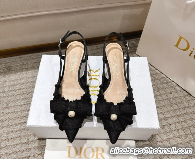 Unique Style Dior Adiorable Slingback Pumps 4cm in Fringed Grosgrain with Pearls Bow Black 0822036