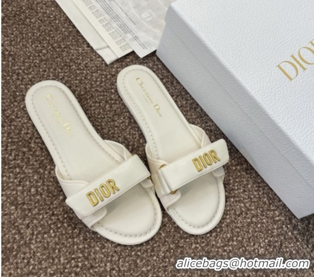 Most Popular Dior Dioriviera Dioract Flat Slides Sandal in Lambskin and Rubber White 0822037