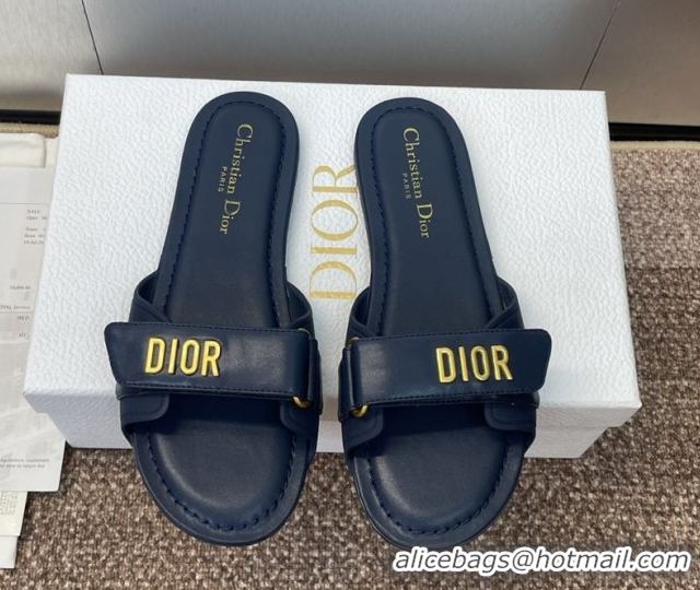Pretty Style Dior Dioriviera Dioract Flat Slides Sandal in Lambskin and Rubber Deep Blue 0822038