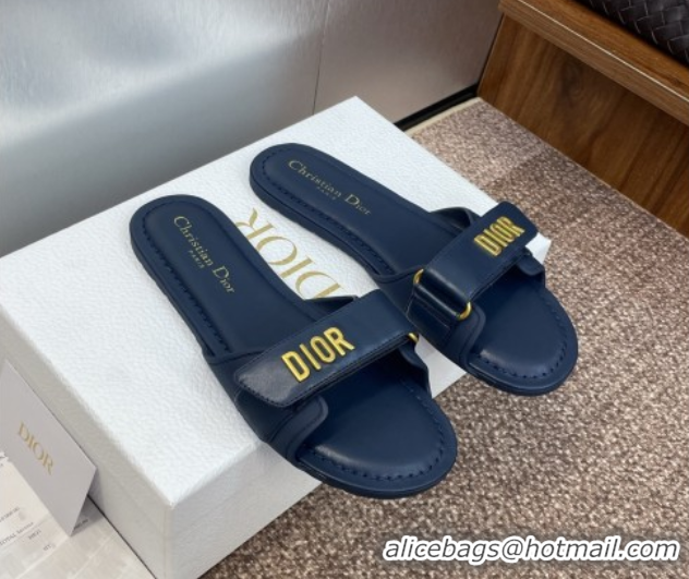Pretty Style Dior Dioriviera Dioract Flat Slides Sandal in Lambskin and Rubber Deep Blue 0822038