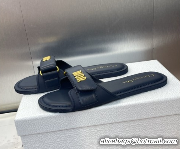 Pretty Style Dior Dioriviera Dioract Flat Slides Sandal in Lambskin and Rubber Deep Blue 0822038