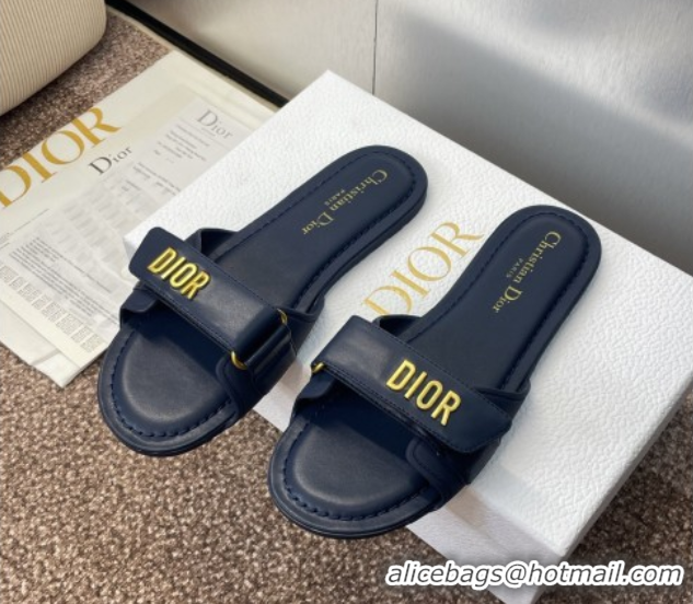 Pretty Style Dior Dioriviera Dioract Flat Slides Sandal in Lambskin and Rubber Deep Blue 0822038