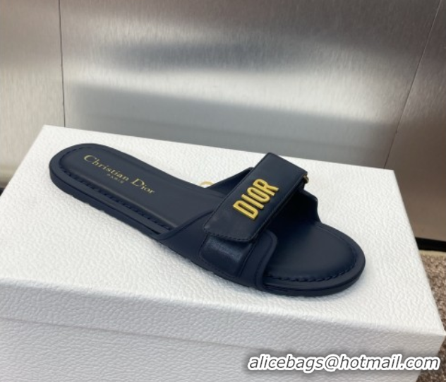Pretty Style Dior Dioriviera Dioract Flat Slides Sandal in Lambskin and Rubber Deep Blue 0822038