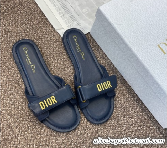 Pretty Style Dior Dioriviera Dioract Flat Slides Sandal in Lambskin and Rubber Deep Blue 0822038