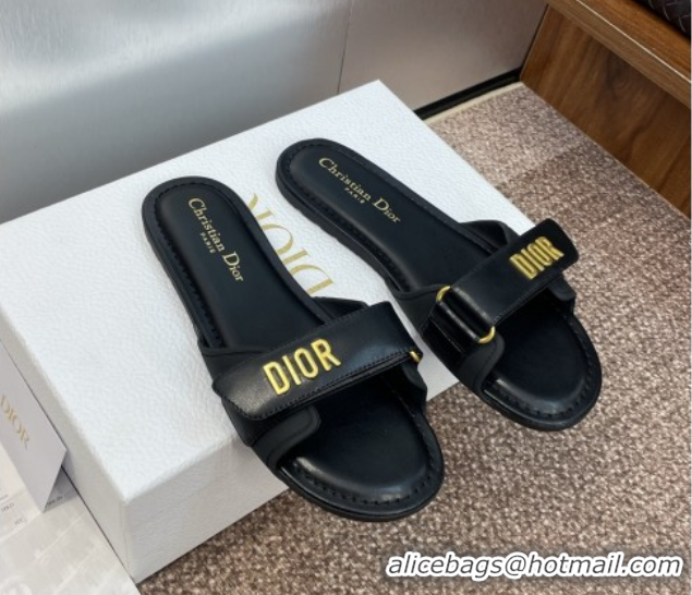 Good Looking Dior Dioriviera Dioract Flat Slides Sandal in Lambskin and Rubber Black 0822039