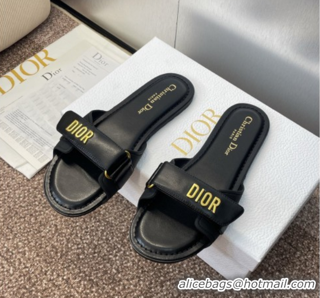 Good Looking Dior Dioriviera Dioract Flat Slides Sandal in Lambskin and Rubber Black 0822039