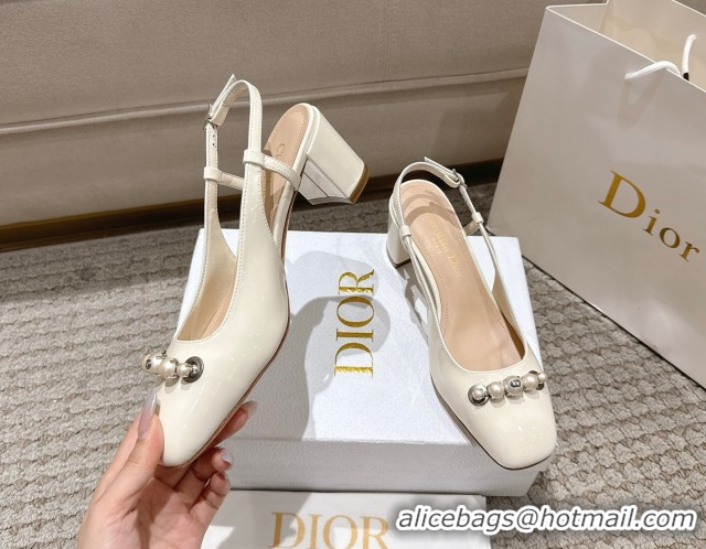 Purchase Dior Patent Calfskin Slingback Pumps 5.5cm with Pearls White DR082201 0822040