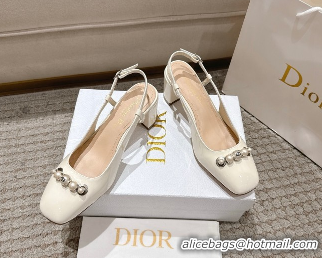 Purchase Dior Patent Calfskin Slingback Pumps 5.5cm with Pearls White DR082201 0822040