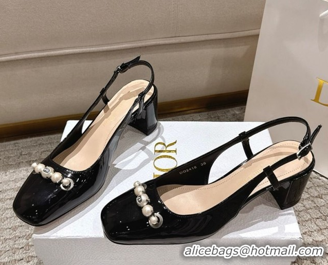 Sumptuous Dior Patent Calfskin Slingback Pumps 5.5cm with Pearls Black DR082201 0822041
