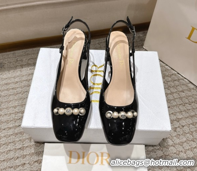 Sumptuous Dior Patent Calfskin Slingback Pumps 5.5cm with Pearls Black DR082201 0822041