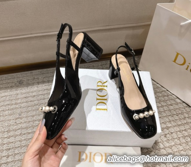 Sumptuous Dior Patent Calfskin Slingback Pumps 5.5cm with Pearls Black DR082201 0822041
