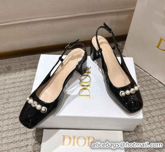 Sumptuous Dior Patent Calfskin Slingback Pumps 5.5cm with Pearls Black DR082201 0822041