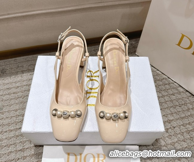 Purchase Dior Patent Calfskin Slingback Pumps 5.5cm with Pearls Nude DR082201 0822042