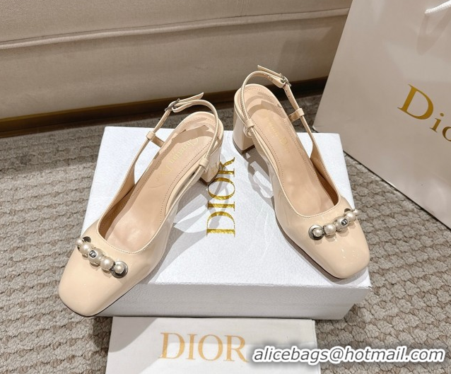 Purchase Dior Patent Calfskin Slingback Pumps 5.5cm with Pearls Nude DR082201 0822042
